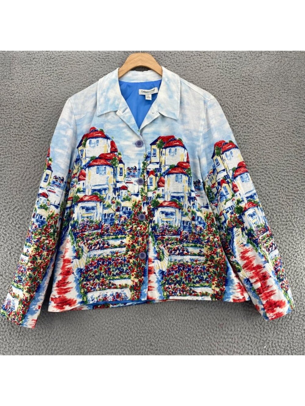 Coldwater Creek Blazer Womens Large Blue Multi Watercolor City Scene Linen Blend